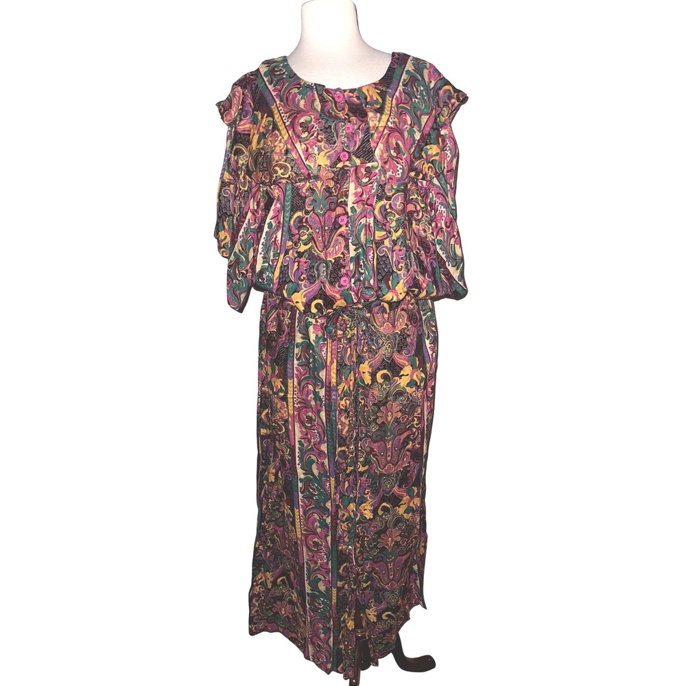 R2 Vintage The African Village Rayon Maxi Dress Boho Paisley Festival One Size